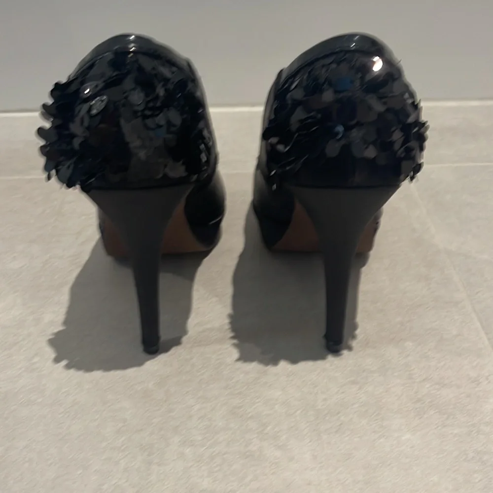 Bershka women size 36 satin black and sequin heels open toe shoes platform Y2K